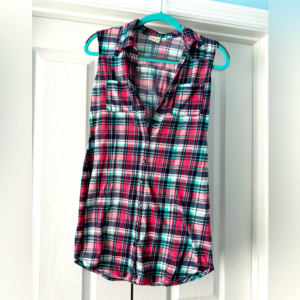 Urban Girl Long Pink & Aqua Long Tunic Tank Top, Wmn’s Small,Soft, Plaid, Trendy